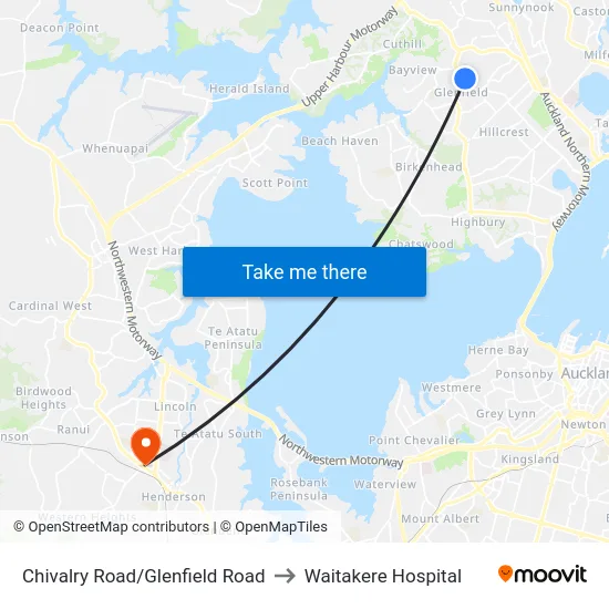 Chivalry Road/Glenfield Road to Waitakere Hospital map
