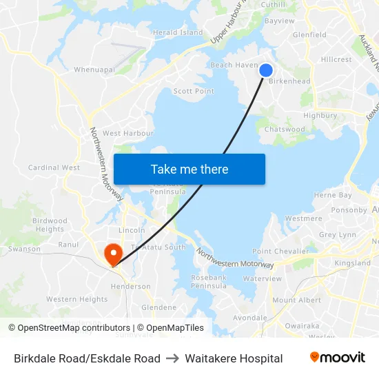 Birkdale Road/Eskdale Road to Waitakere Hospital map