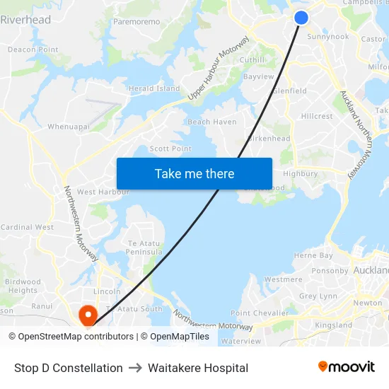 Stop D Constellation to Waitakere Hospital map