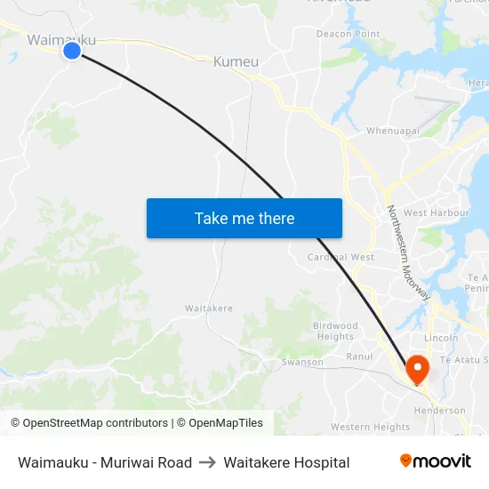 Waimauku - Muriwai Road to Waitakere Hospital map