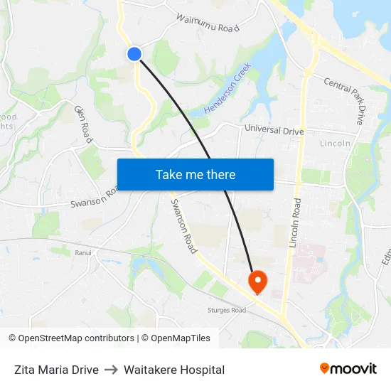 Zita Maria Drive to Waitakere Hospital map