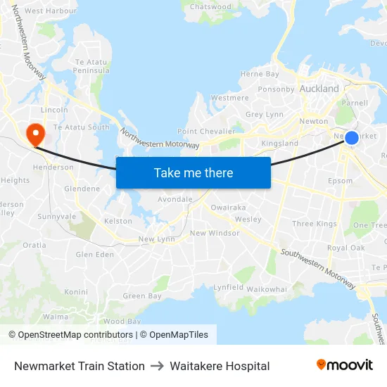 Newmarket Train Station to Waitakere Hospital map