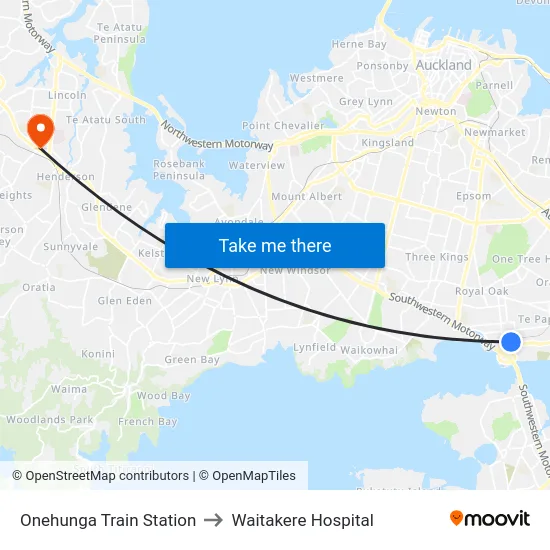 Onehunga Train Station to Waitakere Hospital map