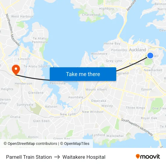 Parnell Train Station to Waitakere Hospital map