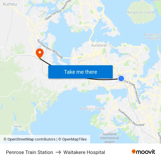 Penrose Train Station to Waitakere Hospital map