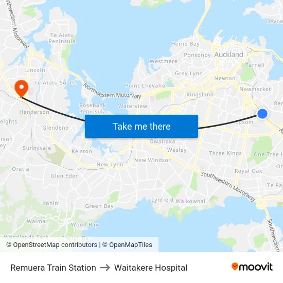 Remuera Train Station to Waitakere Hospital map