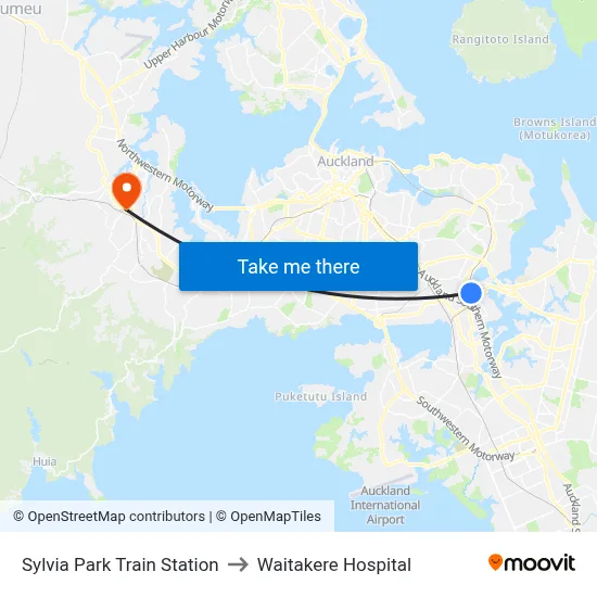 Sylvia Park Train Station to Waitakere Hospital map