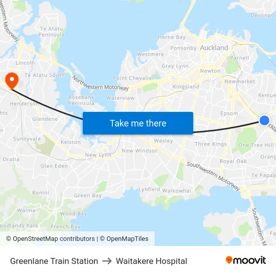 Greenlane Train Station to Waitakere Hospital map