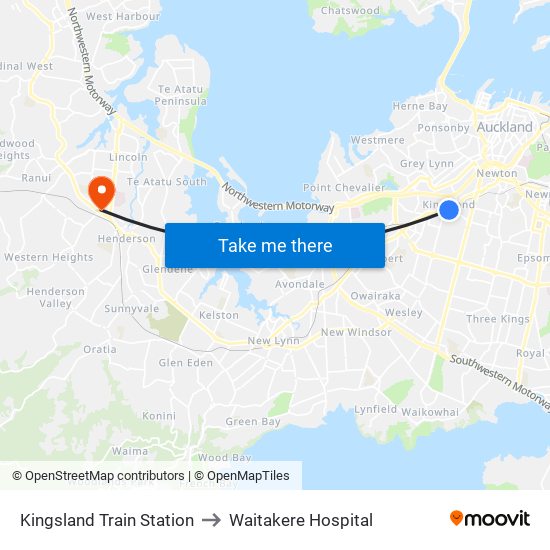 Kingsland Train Station to Waitakere Hospital map