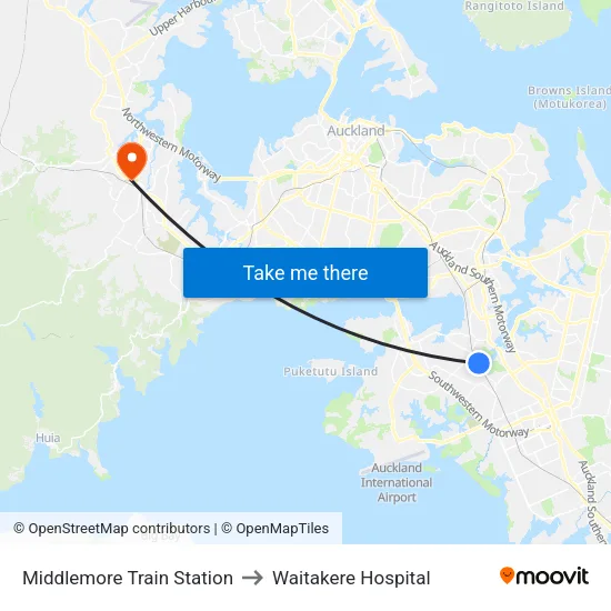 Middlemore Train Station to Waitakere Hospital map