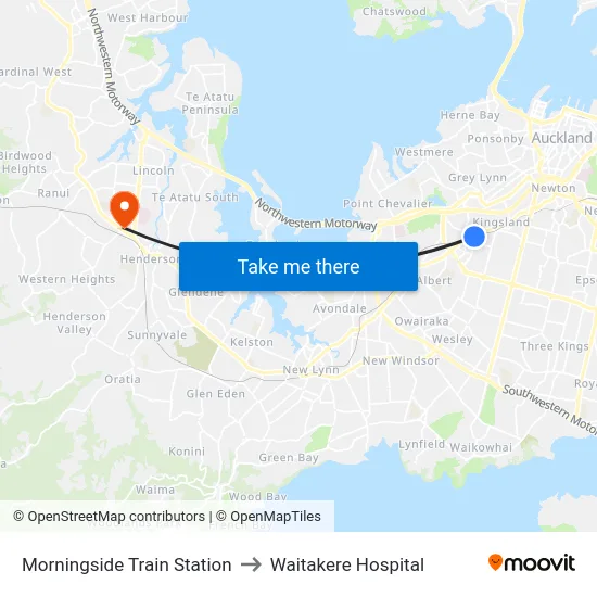 Morningside Train Station to Waitakere Hospital map