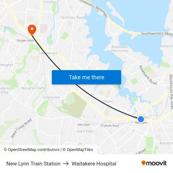 New Lynn Train Station to Waitakere Hospital map