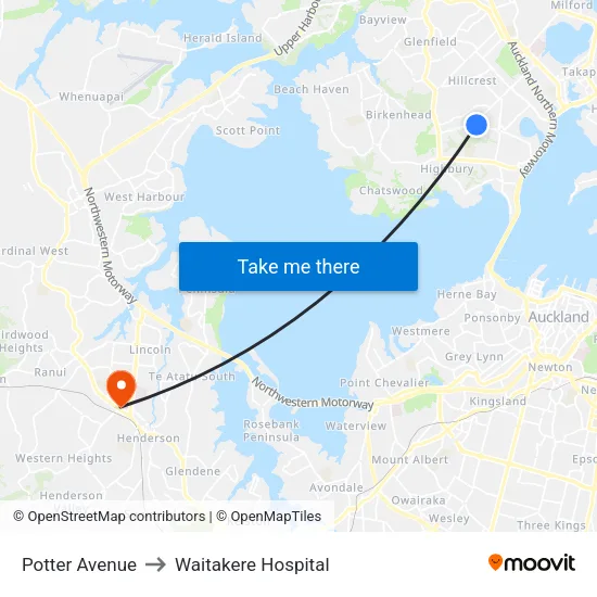 Potter Avenue to Waitakere Hospital map