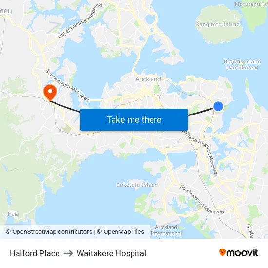 Halford Place to Waitakere Hospital map