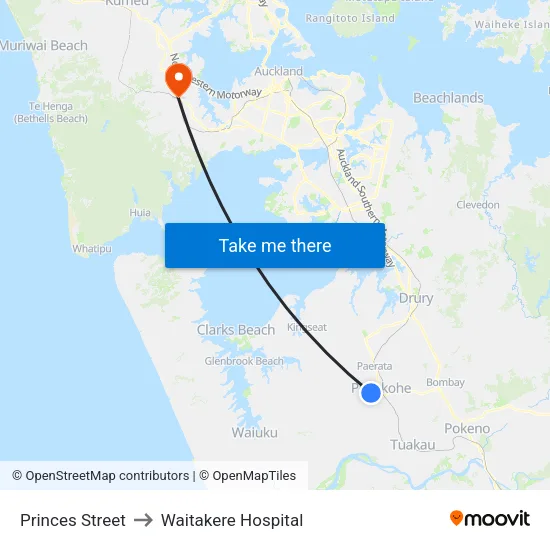 Princes Street to Waitakere Hospital map