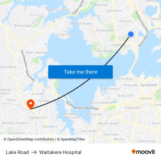 Lake Road to Waitakere Hospital map