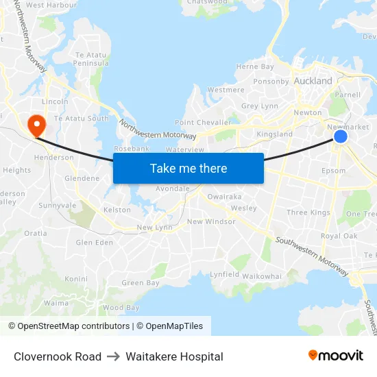 Clovernook Road to Waitakere Hospital map
