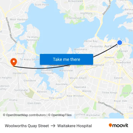 Woolworths Quay Street to Waitakere Hospital map