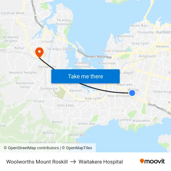 Woolworths Mount Roskill to Waitakere Hospital map