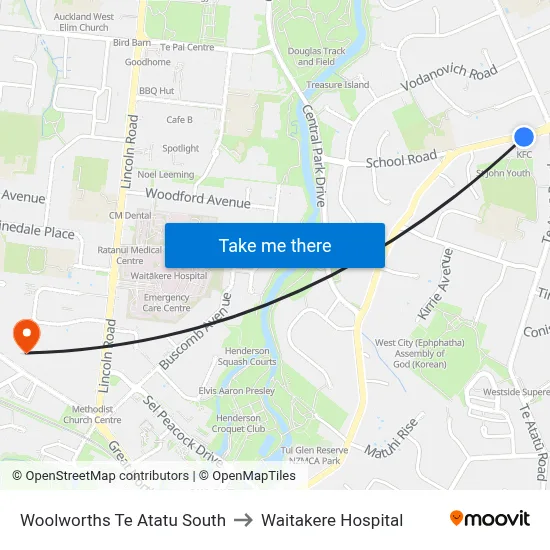 Woolworths Te Atatu South to Waitakere Hospital map