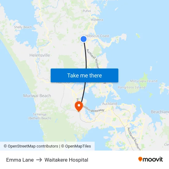 Emma Lane to Waitakere Hospital map