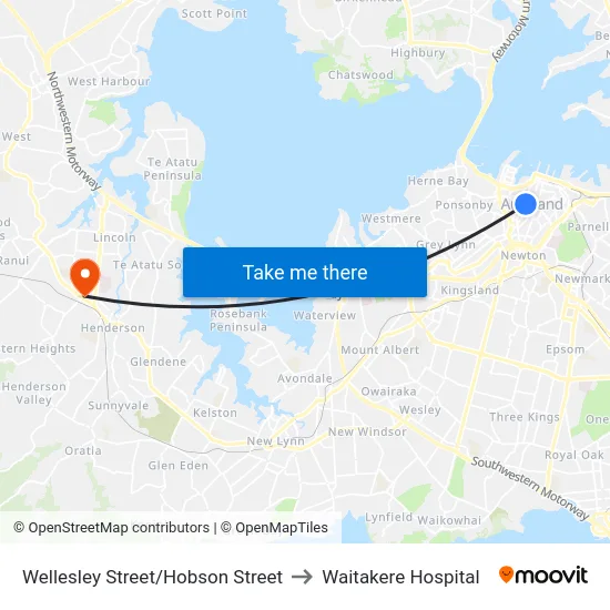 Wellesley Street/Hobson Street to Waitakere Hospital map