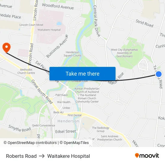 Roberts Road to Waitakere Hospital map