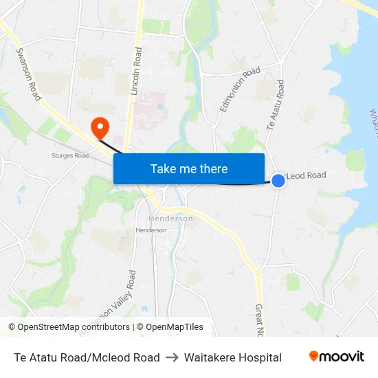 Te Atatu Road/Mcleod Road to Waitakere Hospital map