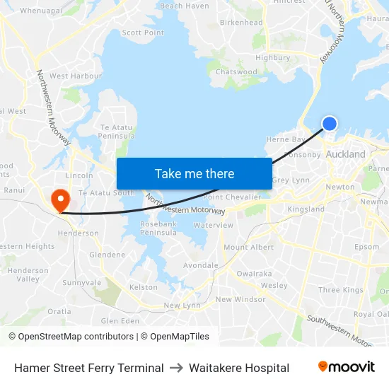 Hamer Street Ferry Terminal to Waitakere Hospital map