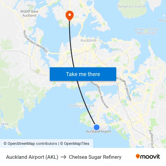 Auckland Airport (AKL) to Chelsea Sugar Refinery map
