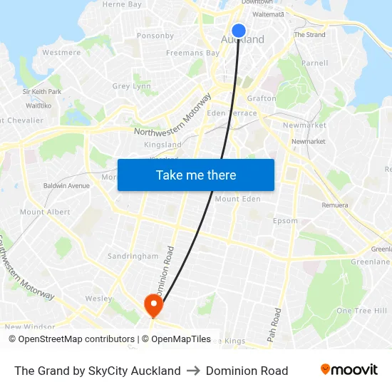 The Grand by SkyCity Auckland to Dominion Road map