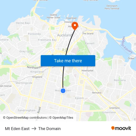 Mt Eden East to The Domain map