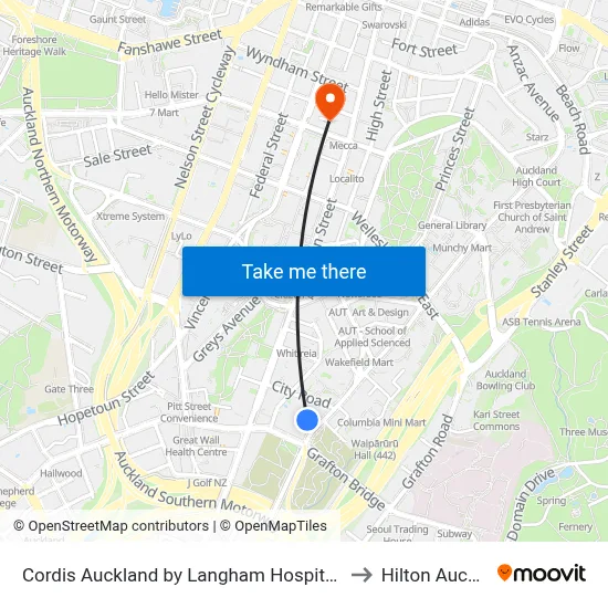 Cordis Auckland by Langham Hospitality Group to Hilton Auckland map