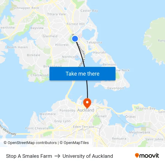 Stop A Smales Farm to University of Auckland map