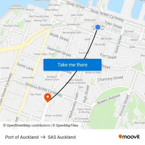 Port of Auckland to SAS Auckland map