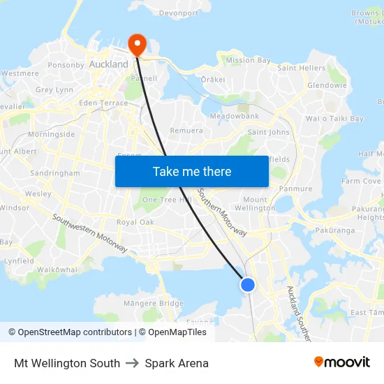 Mt Wellington South to Spark Arena map