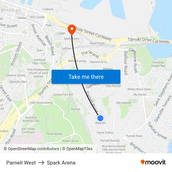 Parnell West to Spark Arena map