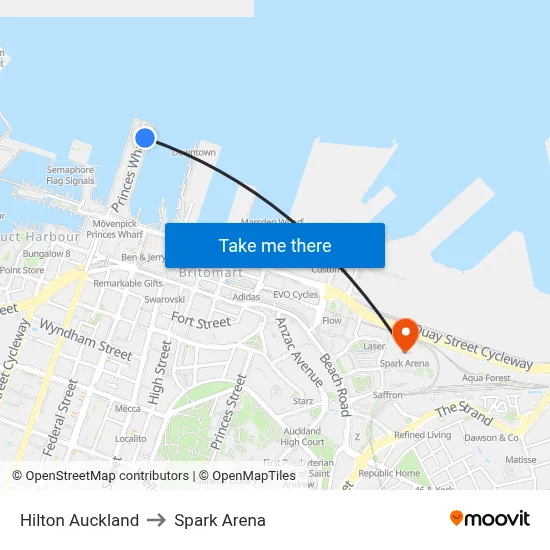Hilton Auckland to Spark Arena map