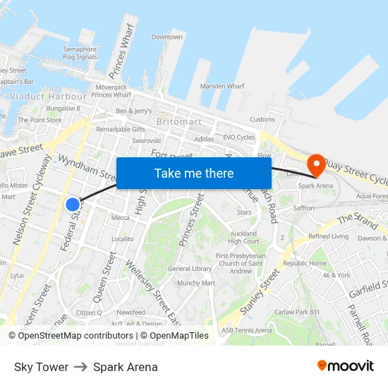 Sky Tower to Spark Arena map