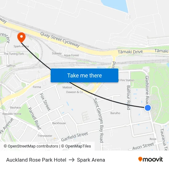 Auckland Rose Park Hotel to Spark Arena map