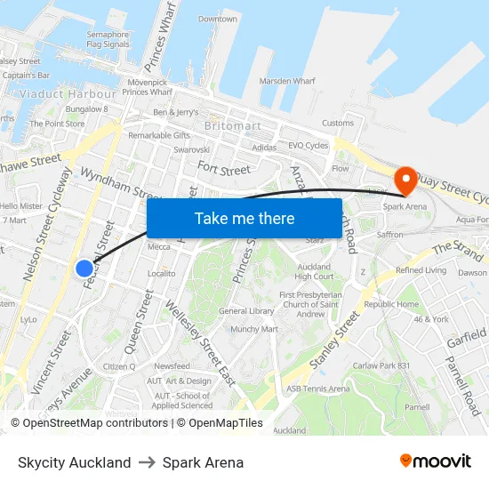 Skycity Auckland to Spark Arena map