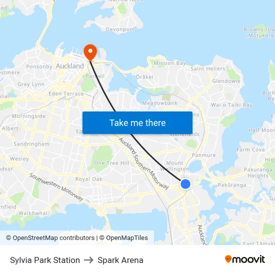 Sylvia Park Station to Spark Arena map