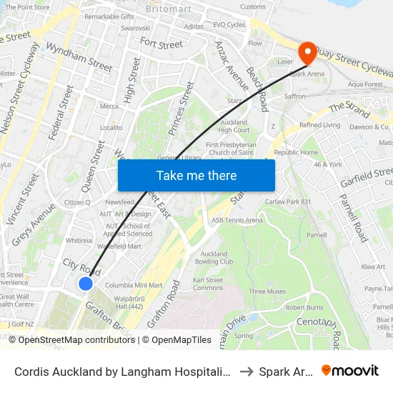 Cordis Auckland by Langham Hospitality Group to Spark Arena map