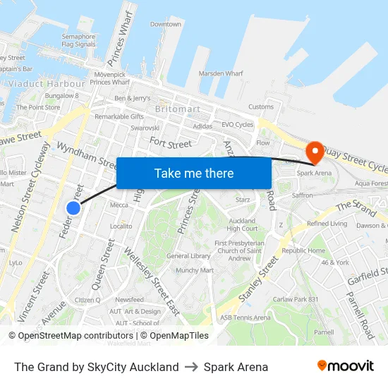 The Grand by SkyCity Auckland to Spark Arena map