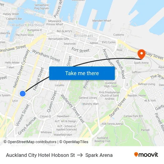 Auckland City Hotel Hobson St to Spark Arena map