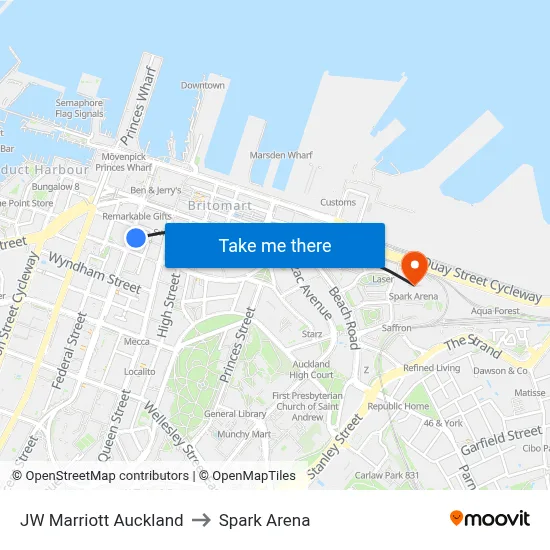 JW Marriott Auckland to Spark Arena map