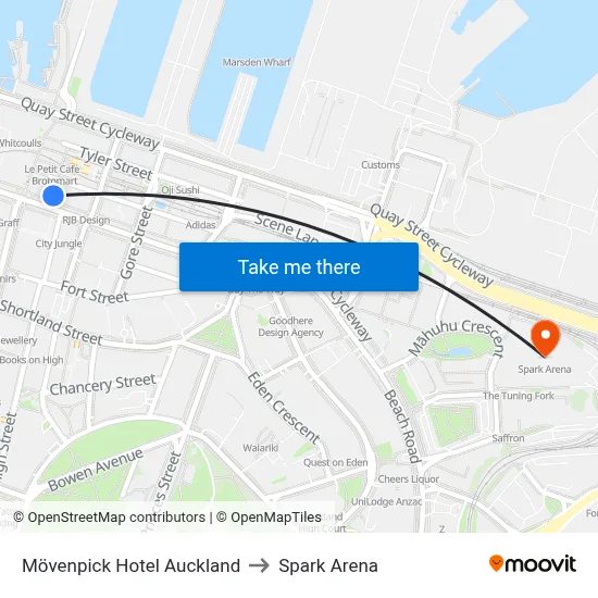 Mövenpick Hotel Auckland to Spark Arena map