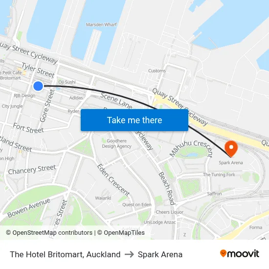 The Hotel Britomart, Auckland to Spark Arena map