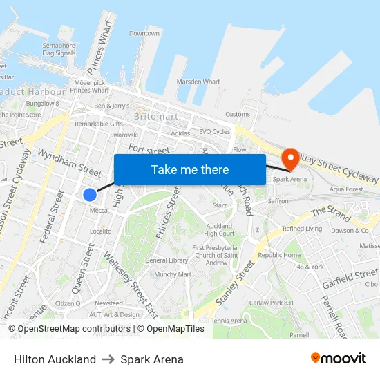 Hilton Auckland to Spark Arena map
