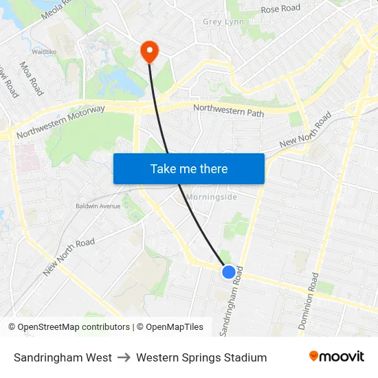 Sandringham West to Western Springs Stadium map